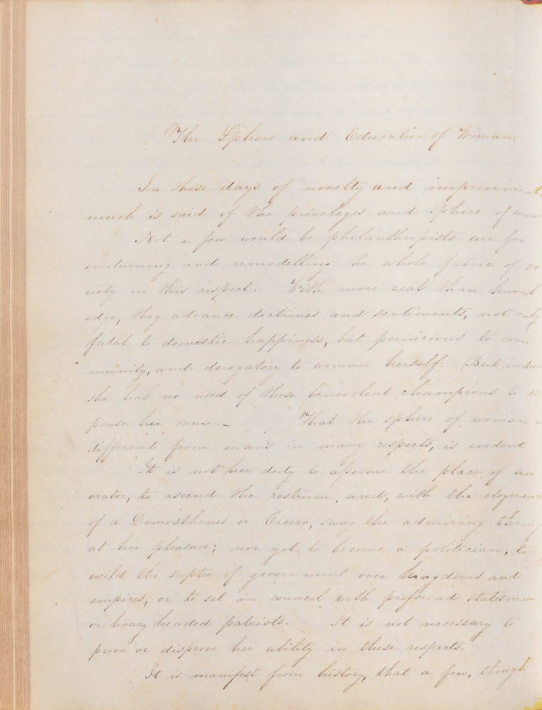 Essay written by hand in light cursive, titled "The Sphere and Education of Women"