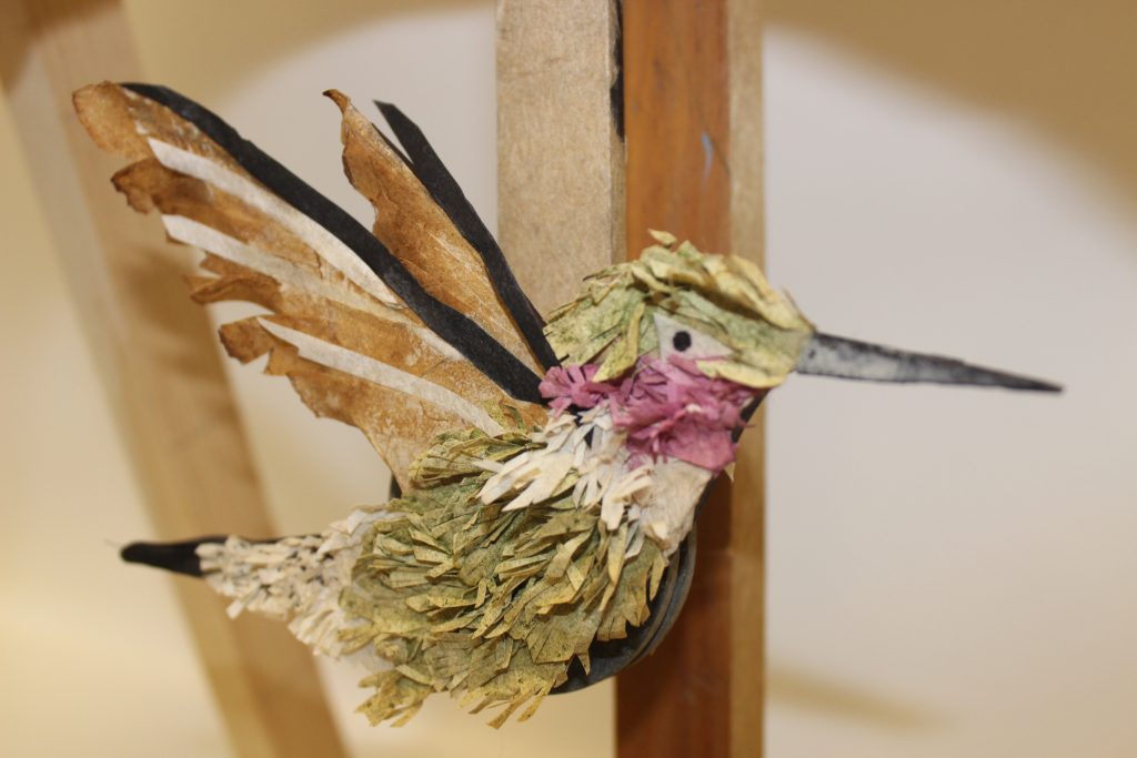 Hummingbird artwork made out of handmade Japanese paper.