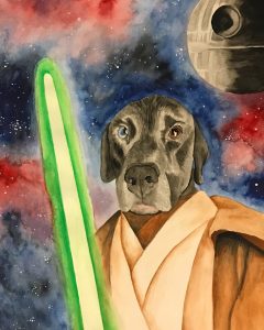 watercolor painting of black labrador dressed in jedi robes and holding a green lightsaber. The background is of a galaxy and contains the deathstar on the top right.