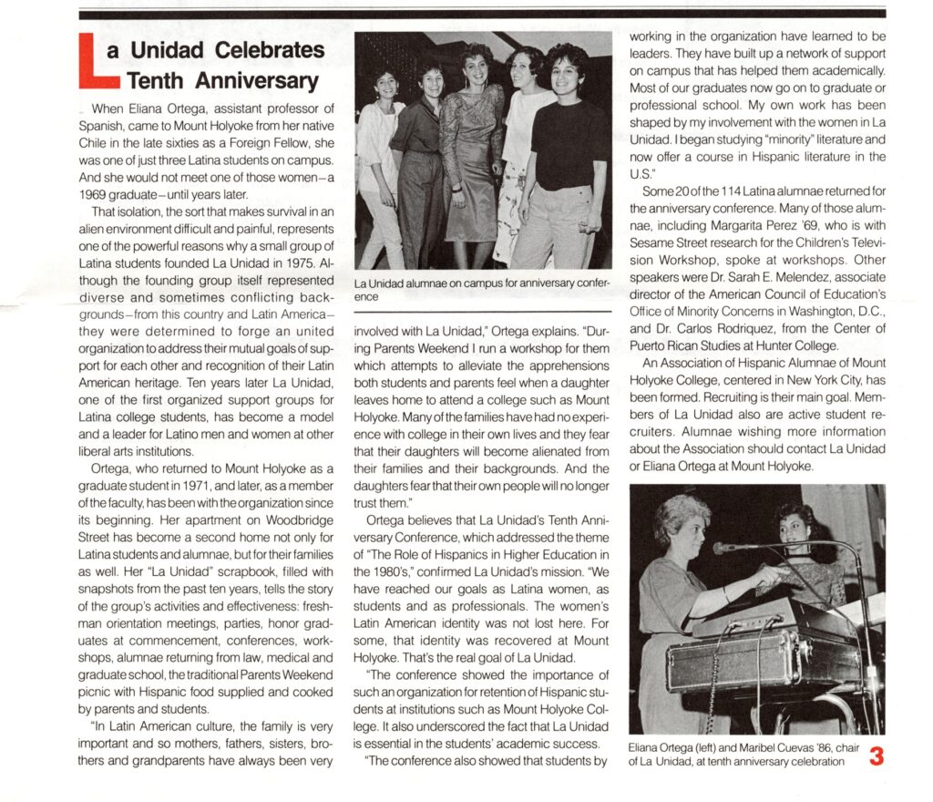 Three columns of black and white text. Within the text are two black and white photographs. One show five women posing together for the camera, the other shows a woman speaking into a microphone while another looks on.
