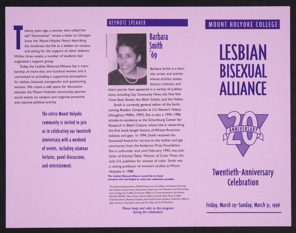 Purple trifold flyer featuring photograph of Barbara Smith