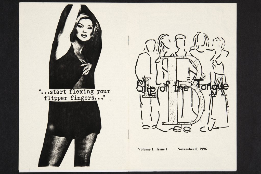 Black and white cover of zine with hand drawn figures, and a photo of a woman in a dress