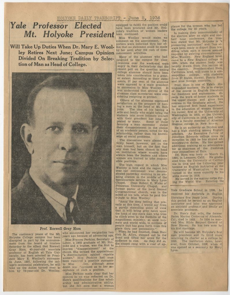 "Yale Professor Elected Mt. Holyoke President" news article from the Holyoke Daily Transcript and Telegram, June 8, 1936