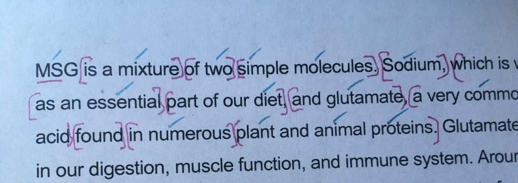 phot of a few lines of text marked up with pen to show word groupings. The text is copied from the transcript of the TED talk linked in this post