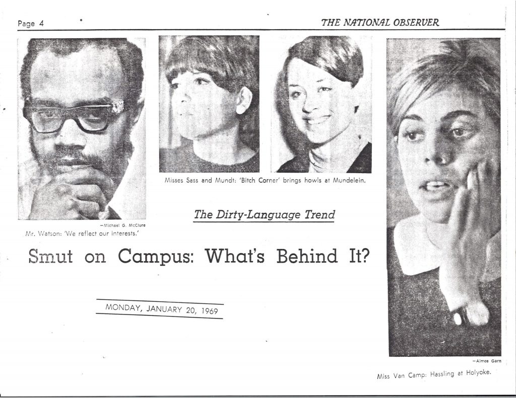 Image from the National Observer newspaper with the headline "The Dirty-Language Trend, Smut on Campus: What's Behind It?" To the right of the headline is a photograph of Chorgos editor-in-chief Julie Van Camp with the caption "Miss Van Camp: Hassling at Holyoke."