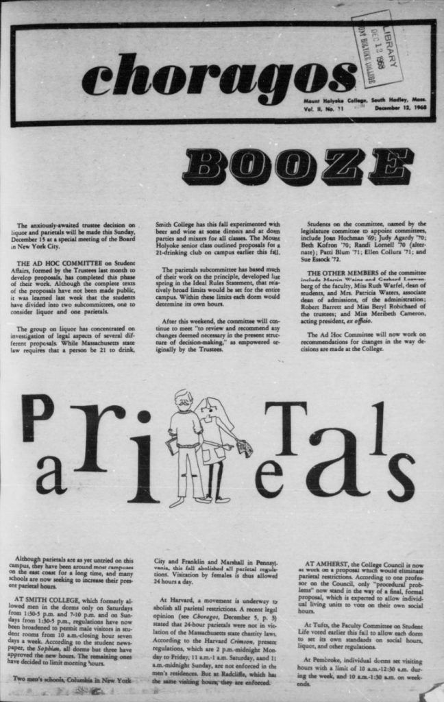 Cover page of Choragos with the words "Booze" and "Parietals" in large, bold lettering. The body text discusses the meeting of the board of trustees to decide on new rules regarding liquor and parietals for Mount Holyoke.
