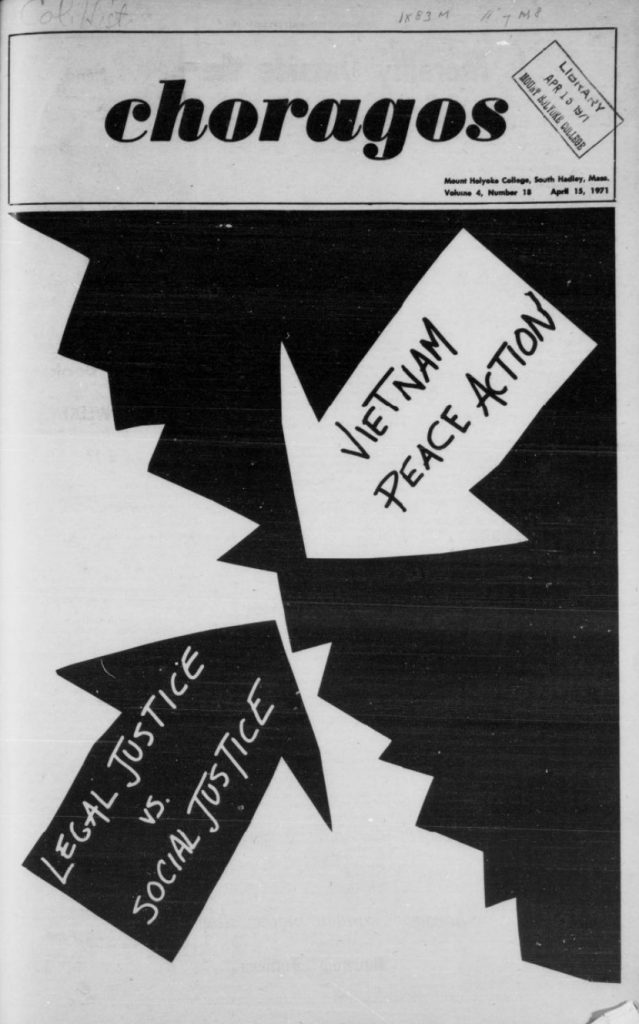 The cover page of the "Choragos" newspaper. A large graphic of two arrows pointing at each other fills most of the page. One arrow says "Legal Justice vs. Social Justice" on it, the other says "Vietnam Peace Action." The graphic creates a sense of conflict and tension through its use of starkly contrasting colors and jagged lines.