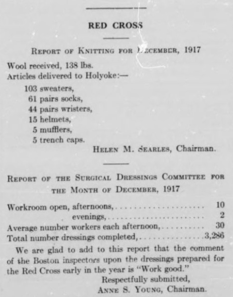 Report of knitting for December, 1917 and Report of the surgical dressings committee for the month of December, 1917 from the Red Cross.