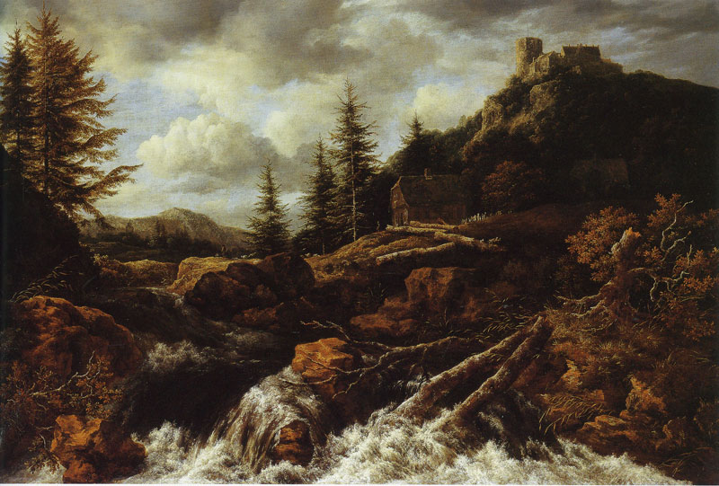 1. What features of the landscape stand out in this painting? 2. How is nature depicted in the painting? 3. What is the significance of the ruins of the castle on the mountain in the right upper corner of the painting?