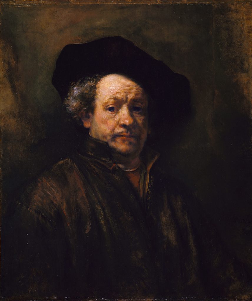 1. What features of this self-portrait stand out for you? 2. What expression does Rembrandt have in the portrait? 3. Is this portrait beautiful?