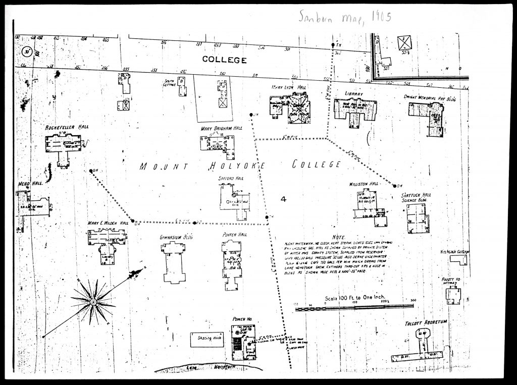 Black and white map of Mount Holyoke College campus