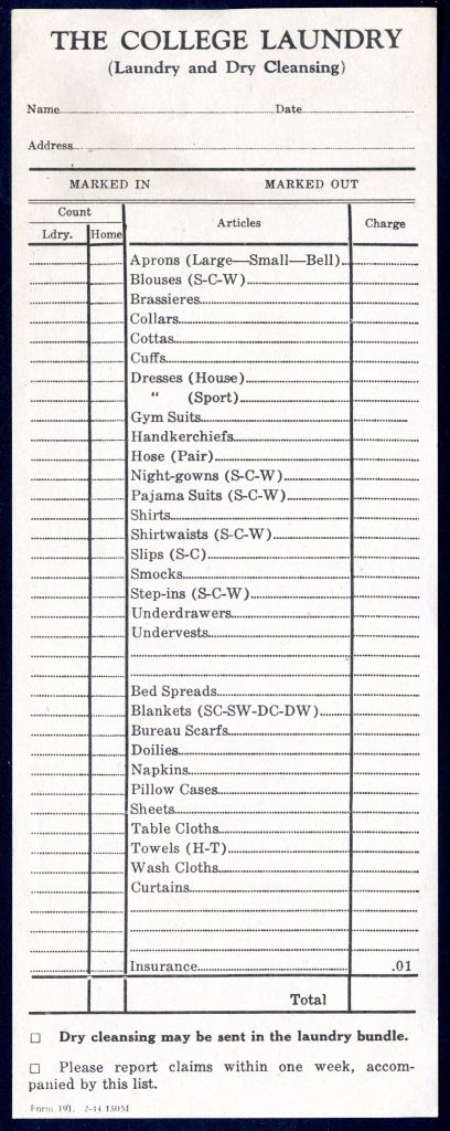 A long sheet of paper with columns and lines for students to fill out their laundry orders