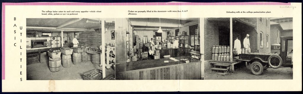 A long news clipping with three black and white images of a food storeroom, a milk truck being unloaded, and a baker making bread