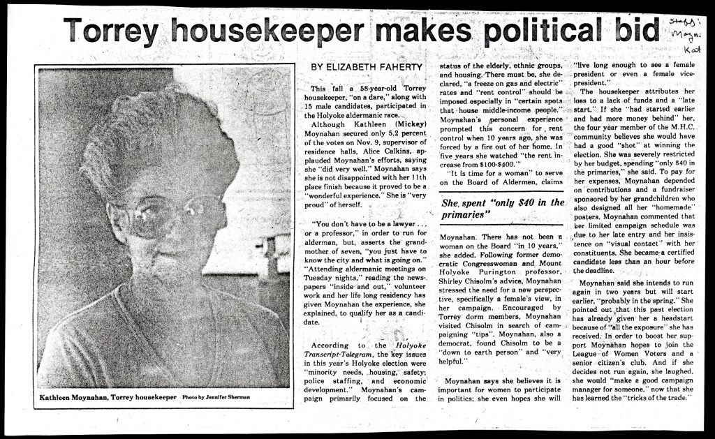 Black and white newspaper article with image of Kathleen Moynahan